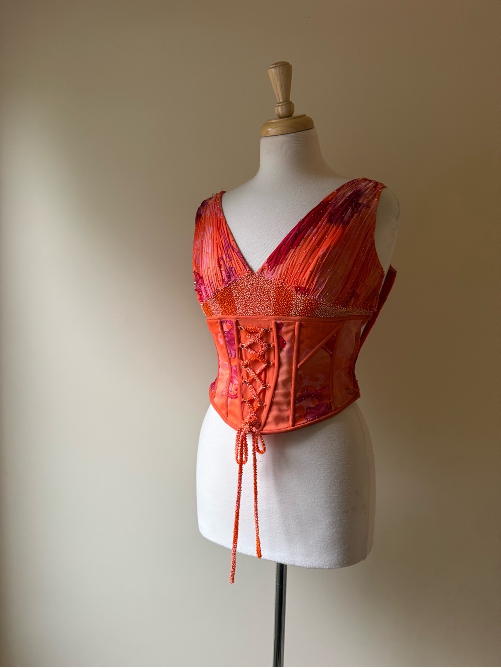 Vintage Best Look Hand-Beaded Silk Corset Top Orange Pink Size 10